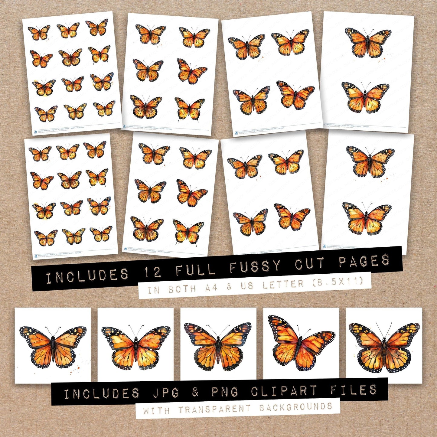 Watercolour Butterfly Monarch Fussy Cut Sheets (DDD011396)