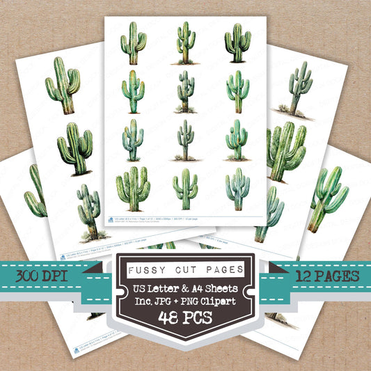 Watercolour Cactus fussy cut printable sheets for junk journaling, scrapbooking, and paper craft projects