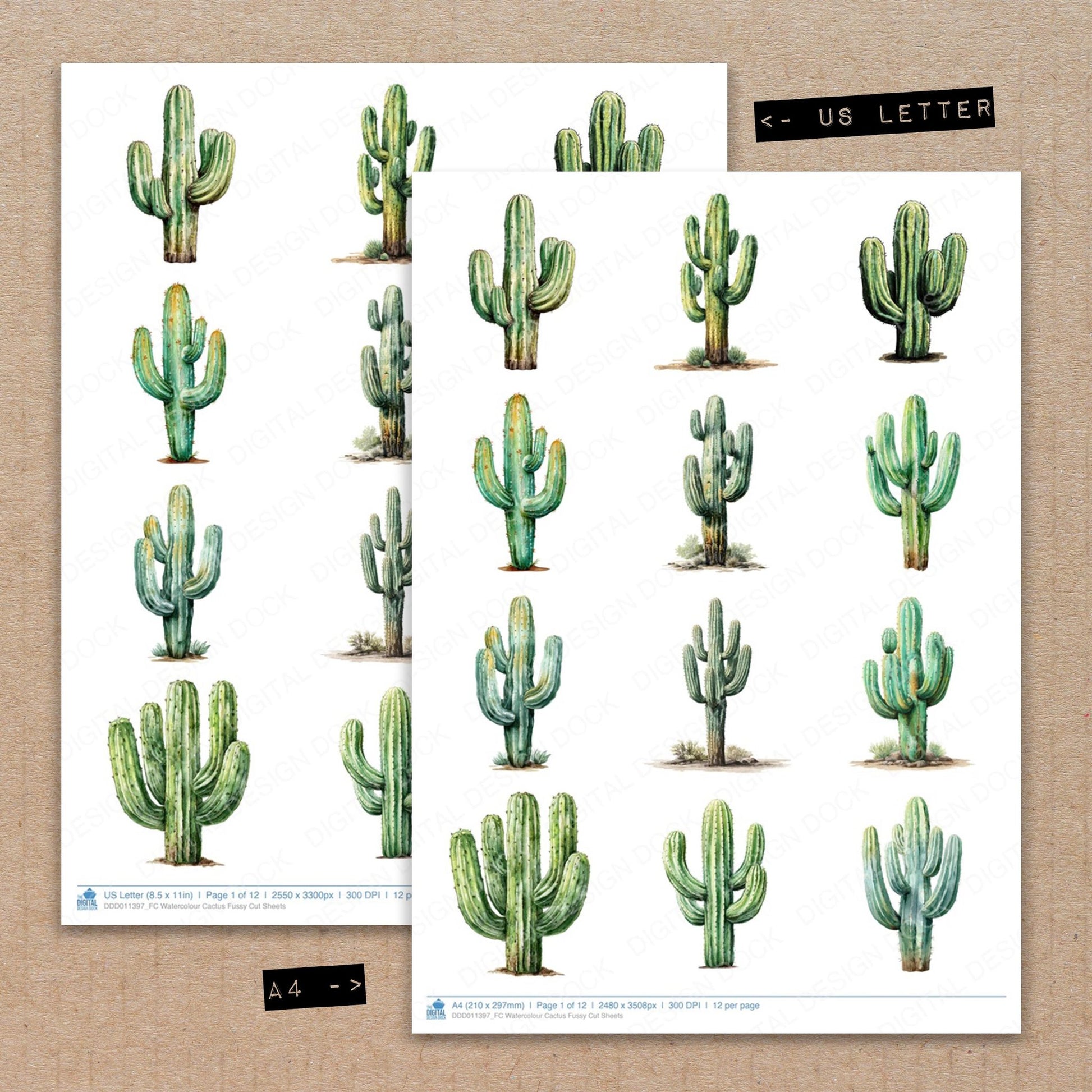 A4 and US Letter format comparison showing Watercolour Cactus fussy cut pages for print and cut crafting