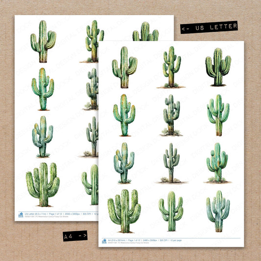 A4 and US Letter format comparison showing Watercolour Cactus fussy cut pages for print and cut crafting
