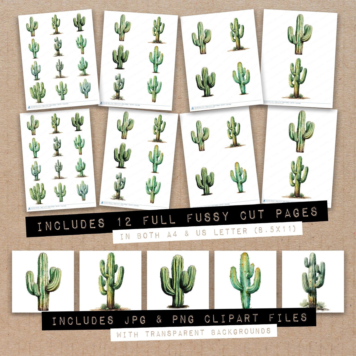 Full collection view of Watercolour Cactus fussy cut sheets with bonus clipart JPG and PNG files
