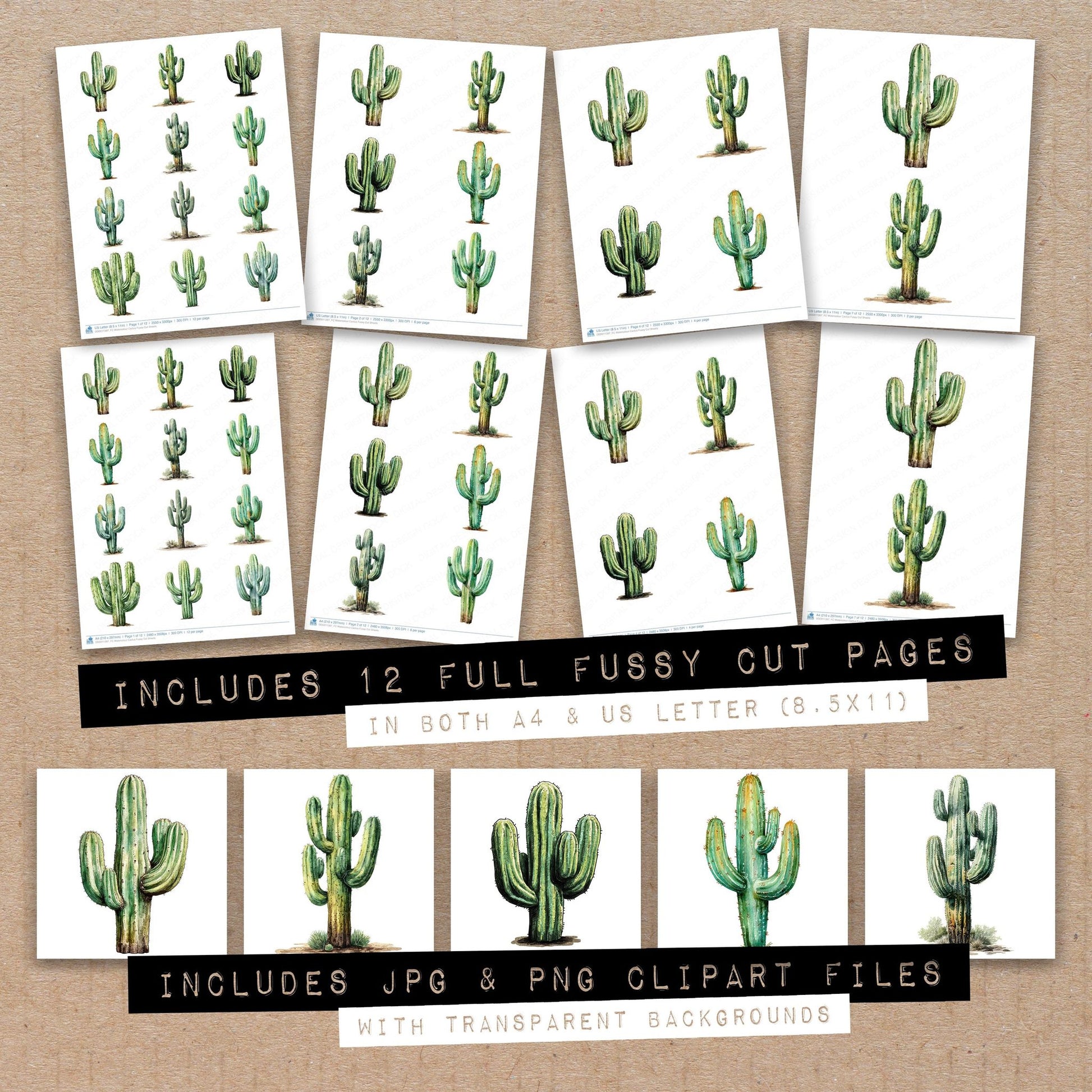 Full collection view of Watercolour Cactus fussy cut sheets with bonus clipart JPG and PNG files