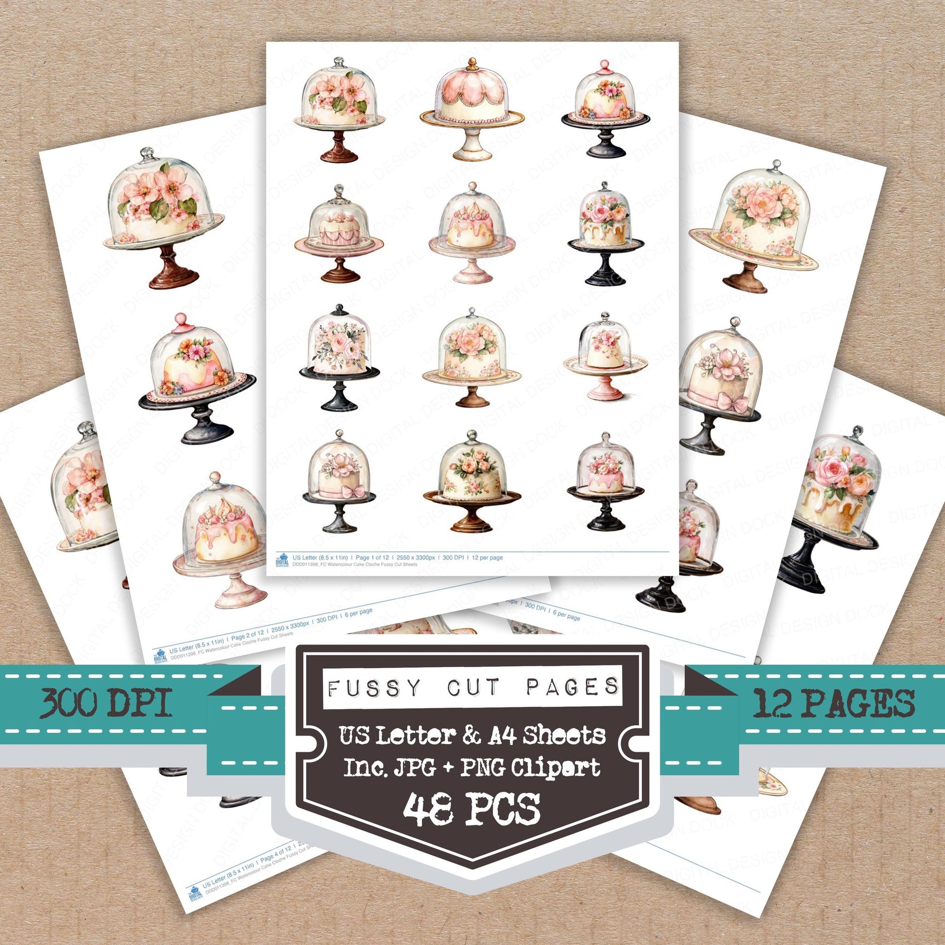 Watercolour Cake Cloche fussy cut printable sheets for junk journaling, scrapbooking, and paper craft projects