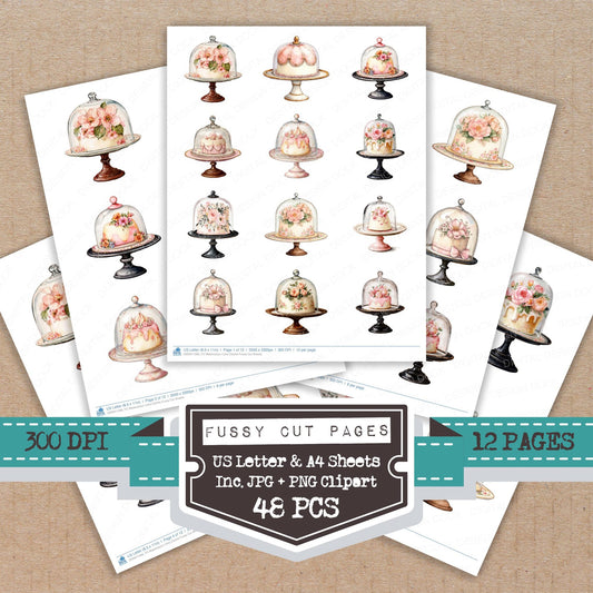 Watercolour Cake Cloche fussy cut printable sheets for junk journaling, scrapbooking, and paper craft projects