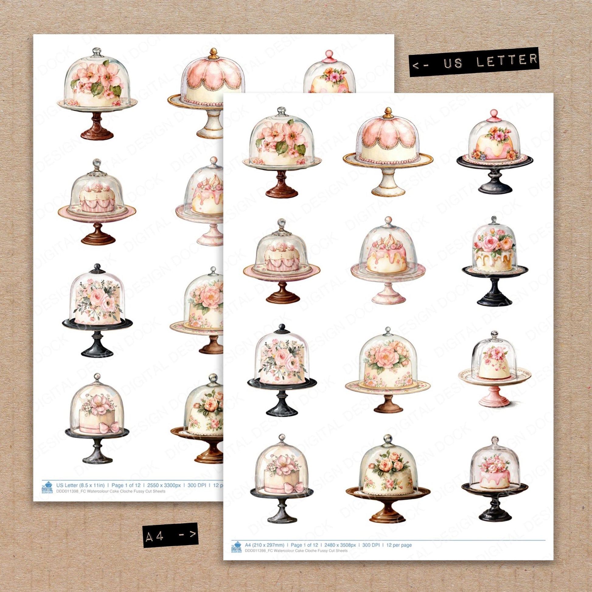A4 and US Letter format comparison showing Watercolour Cake Cloche fussy cut pages for print and cut crafting