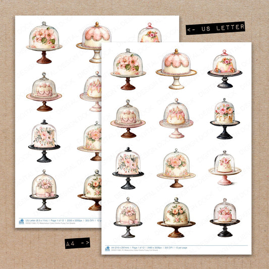 A4 and US Letter format comparison showing Watercolour Cake Cloche fussy cut pages for print and cut crafting
