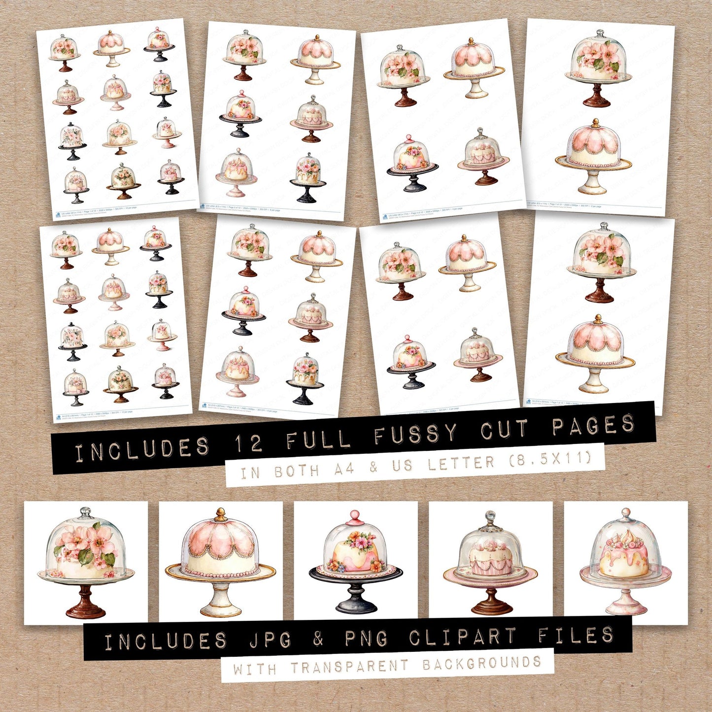 Full collection view of Watercolour Cake Cloche fussy cut sheets with bonus clipart JPG and PNG files