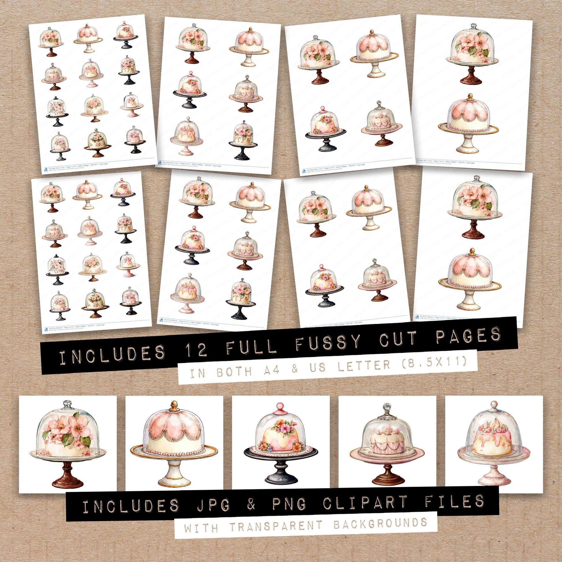 Full collection view of Watercolour Cake Cloche fussy cut sheets with bonus clipart JPG and PNG files
