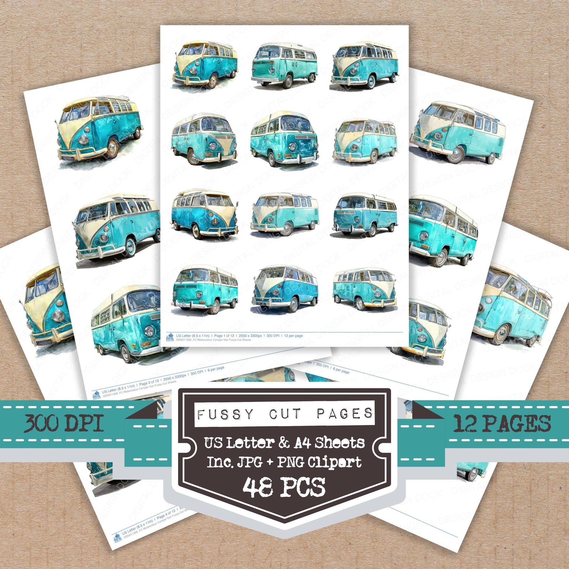 Watercolour Camper Van fussy cut printable sheets for junk journaling, scrapbooking, and paper craft projects