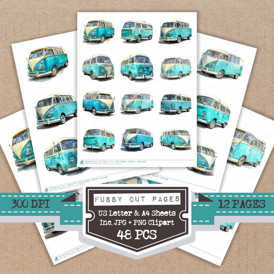 Watercolour Camper Van fussy cut printable sheets for junk journaling, scrapbooking, and paper craft projects