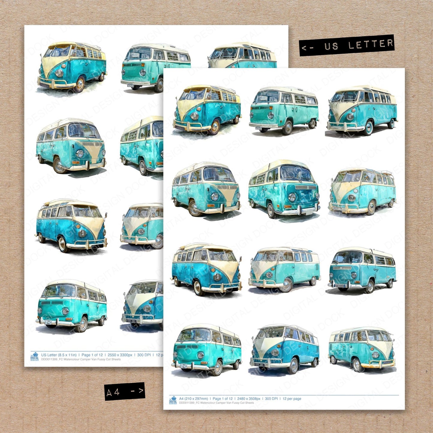 A4 and US Letter format comparison showing Watercolour Camper Van fussy cut pages for print and cut crafting