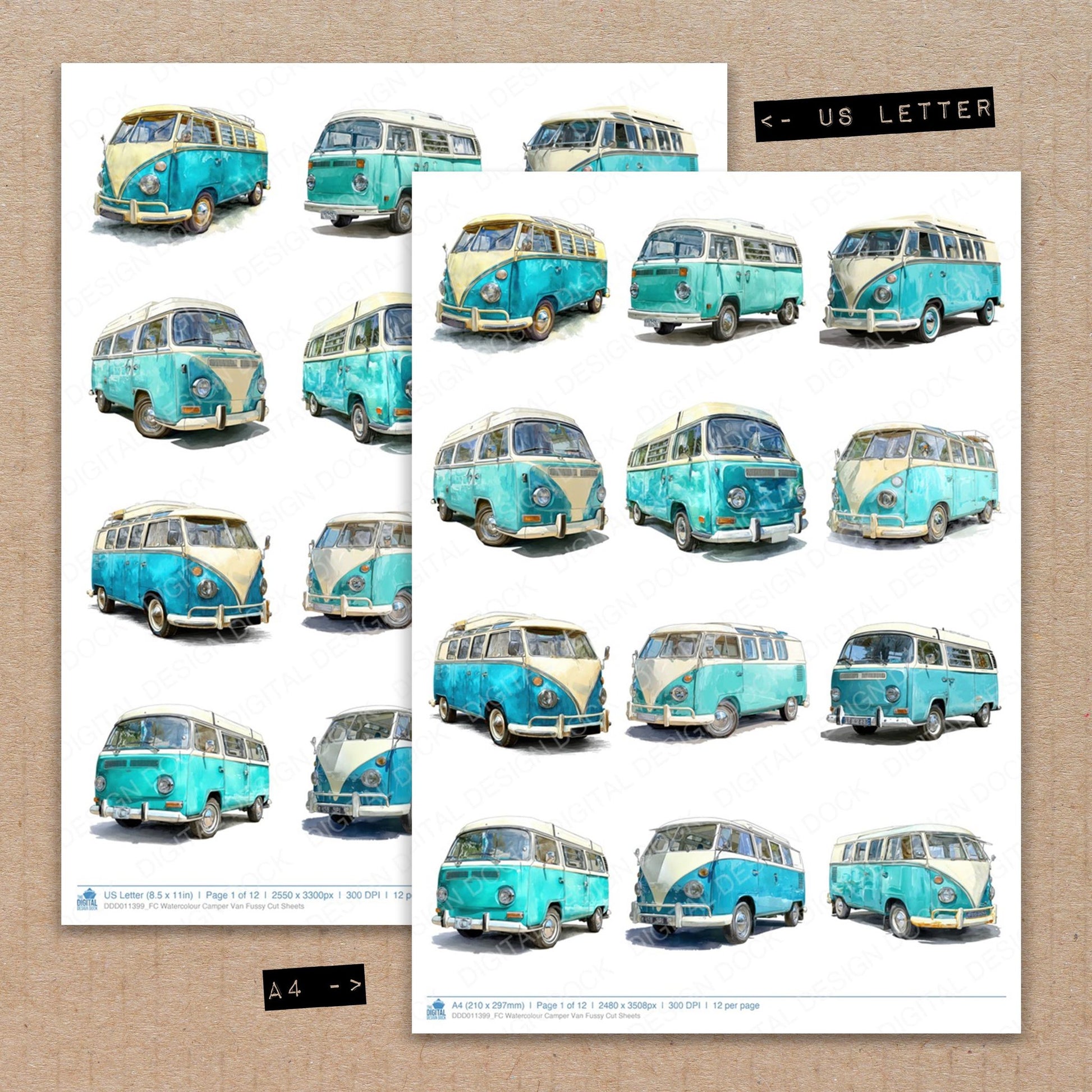 A4 and US Letter format comparison showing Watercolour Camper Van fussy cut pages for print and cut crafting