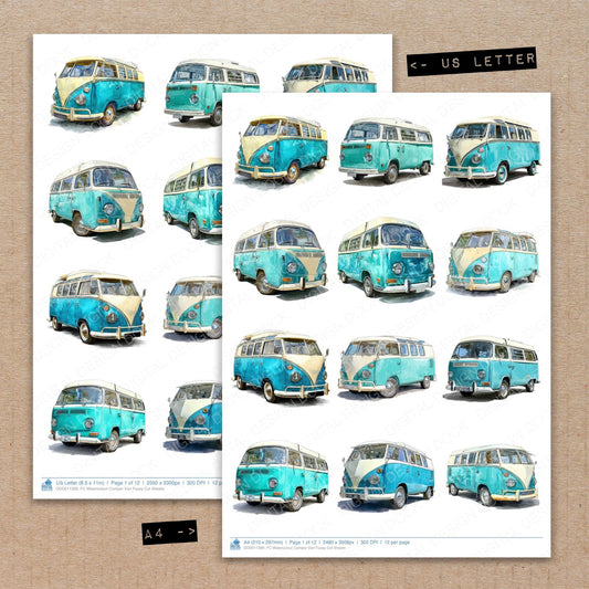 A4 and US Letter format comparison showing Watercolour Camper Van fussy cut pages for print and cut crafting