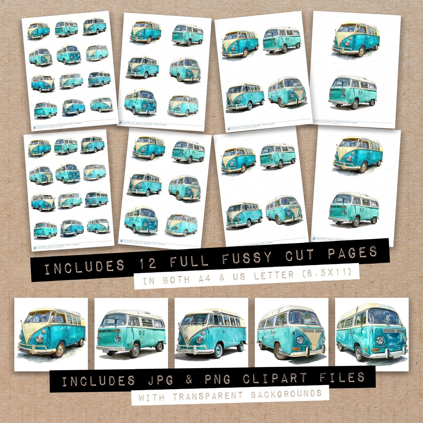 Full collection view of Watercolour Camper Van fussy cut sheets with bonus clipart JPG and PNG files