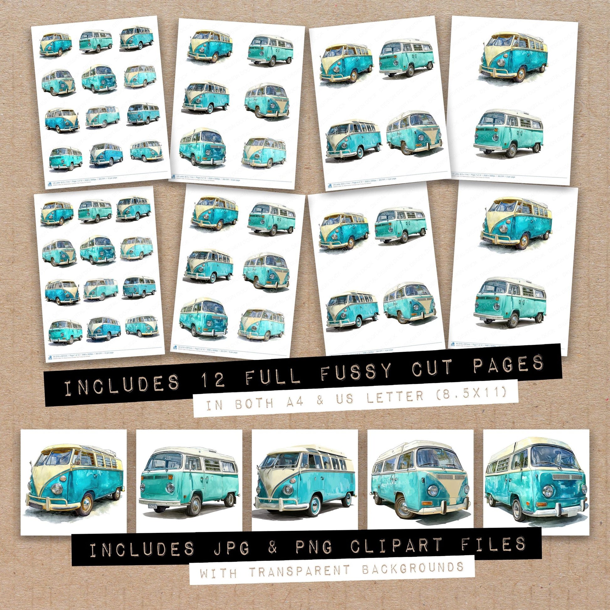 Full collection view of Watercolour Camper Van fussy cut sheets with bonus clipart JPG and PNG files
