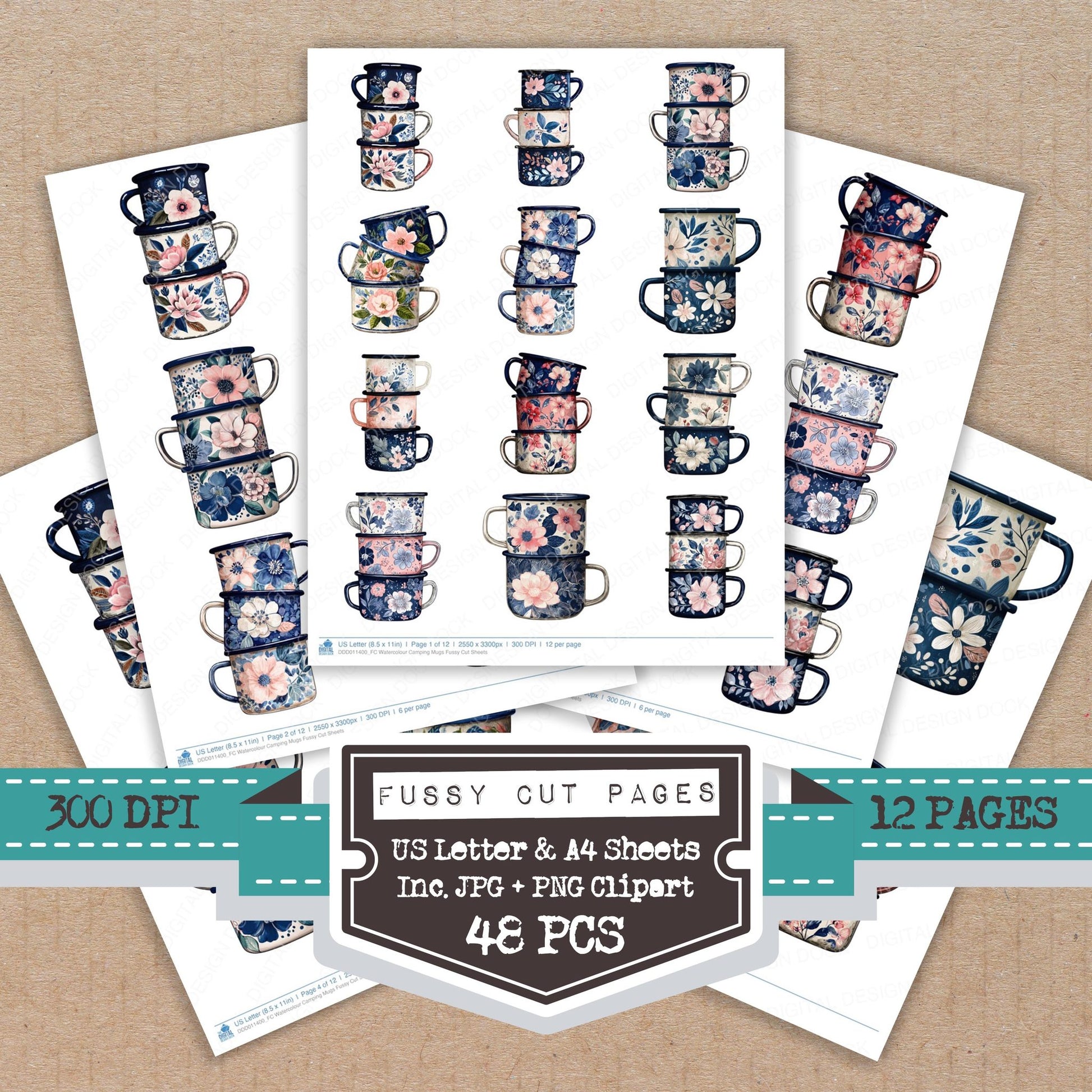 Watercolour Camping Mugs fussy cut printable sheets for junk journaling, scrapbooking, and paper craft projects