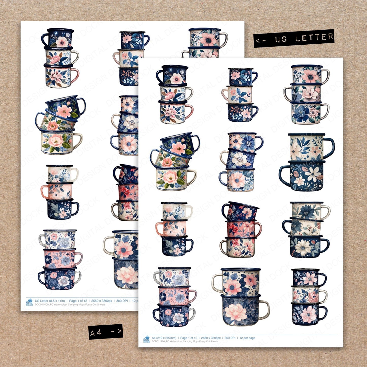 A4 and US Letter format comparison showing Watercolour Camping Mugs fussy cut pages for print and cut crafting