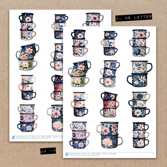 A4 and US Letter format comparison showing Watercolour Camping Mugs fussy cut pages for print and cut crafting