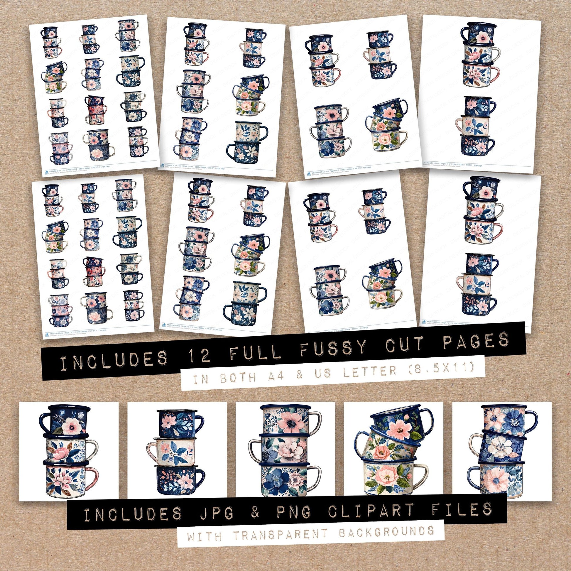 Full collection view of Watercolour Camping Mugs fussy cut sheets with bonus clipart JPG and PNG files