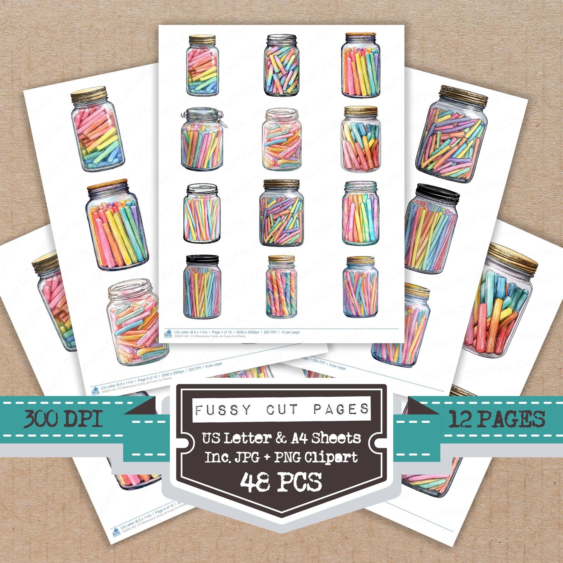 Watercolour Candy Jar fussy cut printable sheets for junk journaling, scrapbooking, and paper craft projects