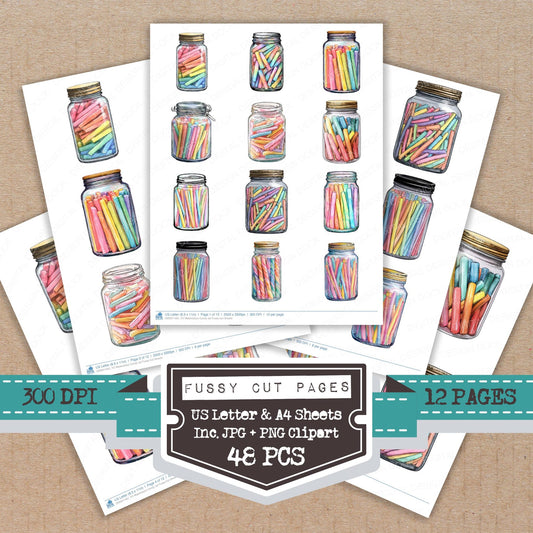 Watercolour Candy Jar fussy cut printable sheets for junk journaling, scrapbooking, and paper craft projects