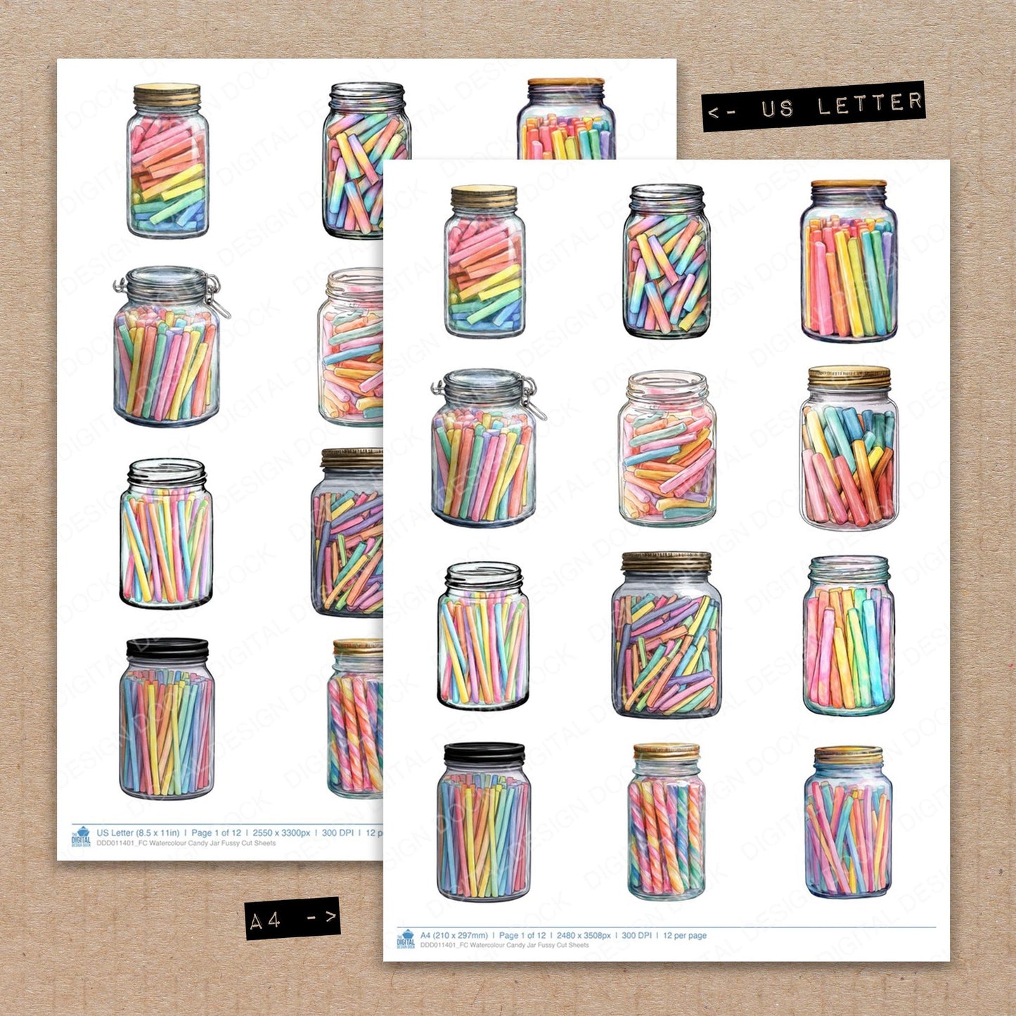 A4 and US Letter format comparison showing Watercolour Candy Jar fussy cut pages for print and cut crafting