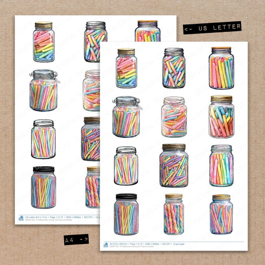 A4 and US Letter format comparison showing Watercolour Candy Jar fussy cut pages for print and cut crafting