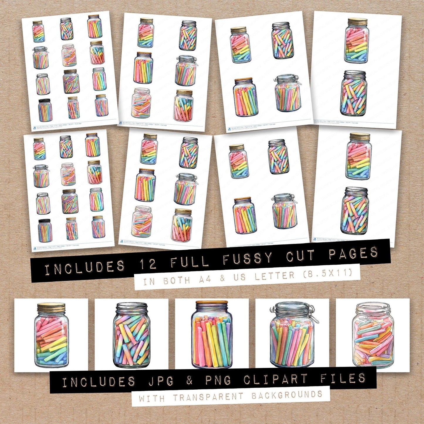 Full collection view of Watercolour Candy Jar fussy cut sheets with bonus clipart JPG and PNG files