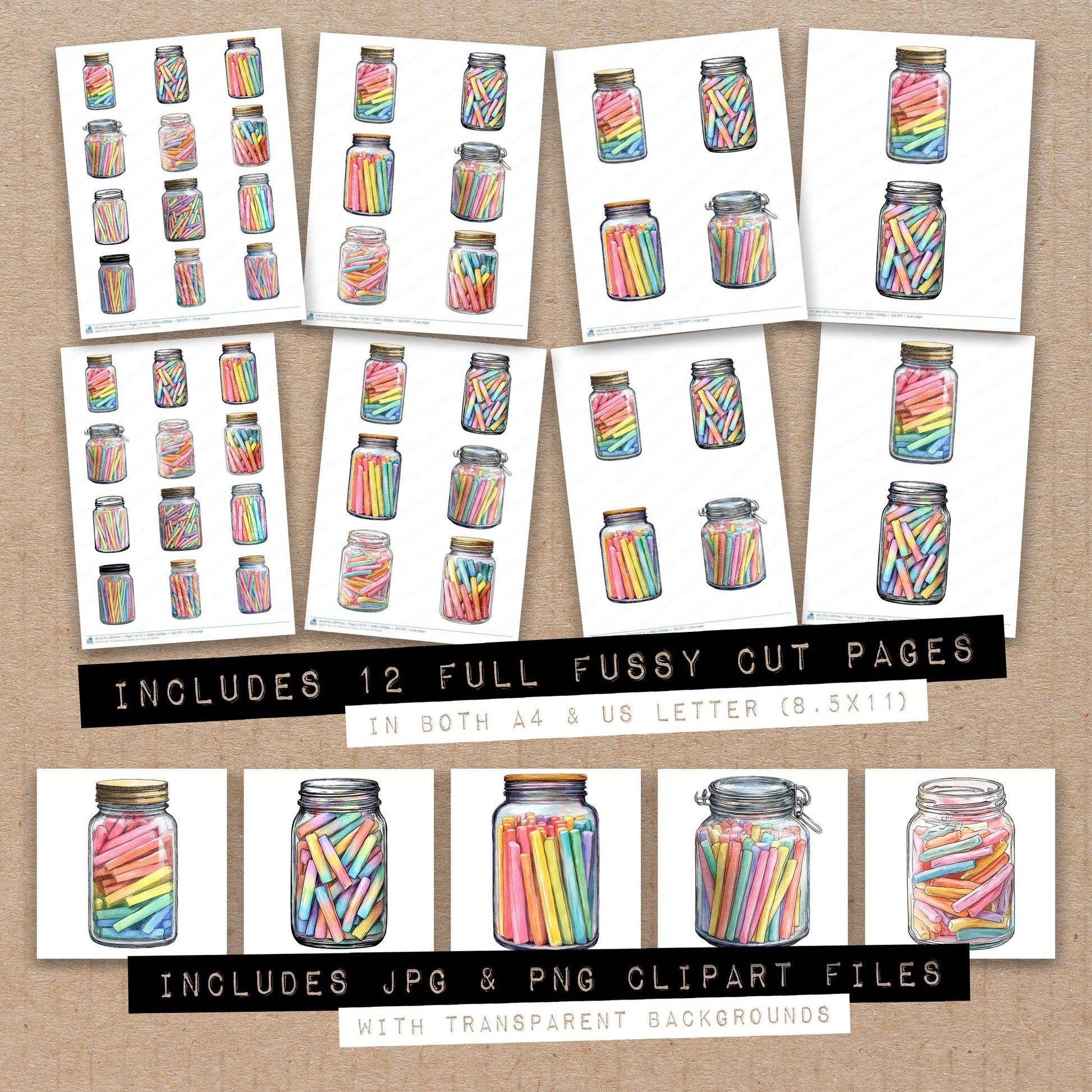 Full collection view of Watercolour Candy Jar fussy cut sheets with bonus clipart JPG and PNG files