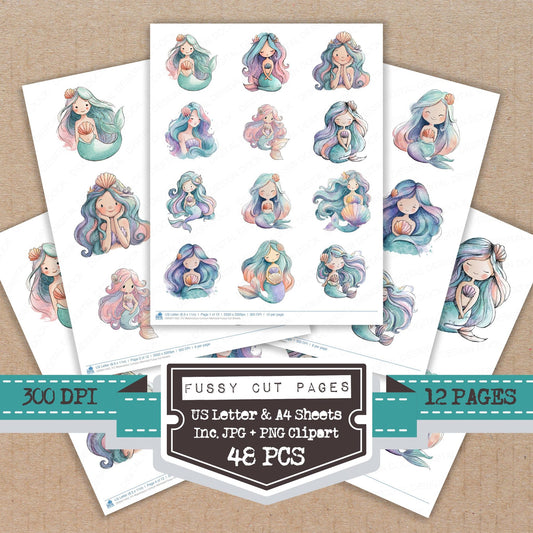 Watercolour Cartoon Mermaid fussy cut printable sheets for junk journaling, scrapbooking, and paper craft projects