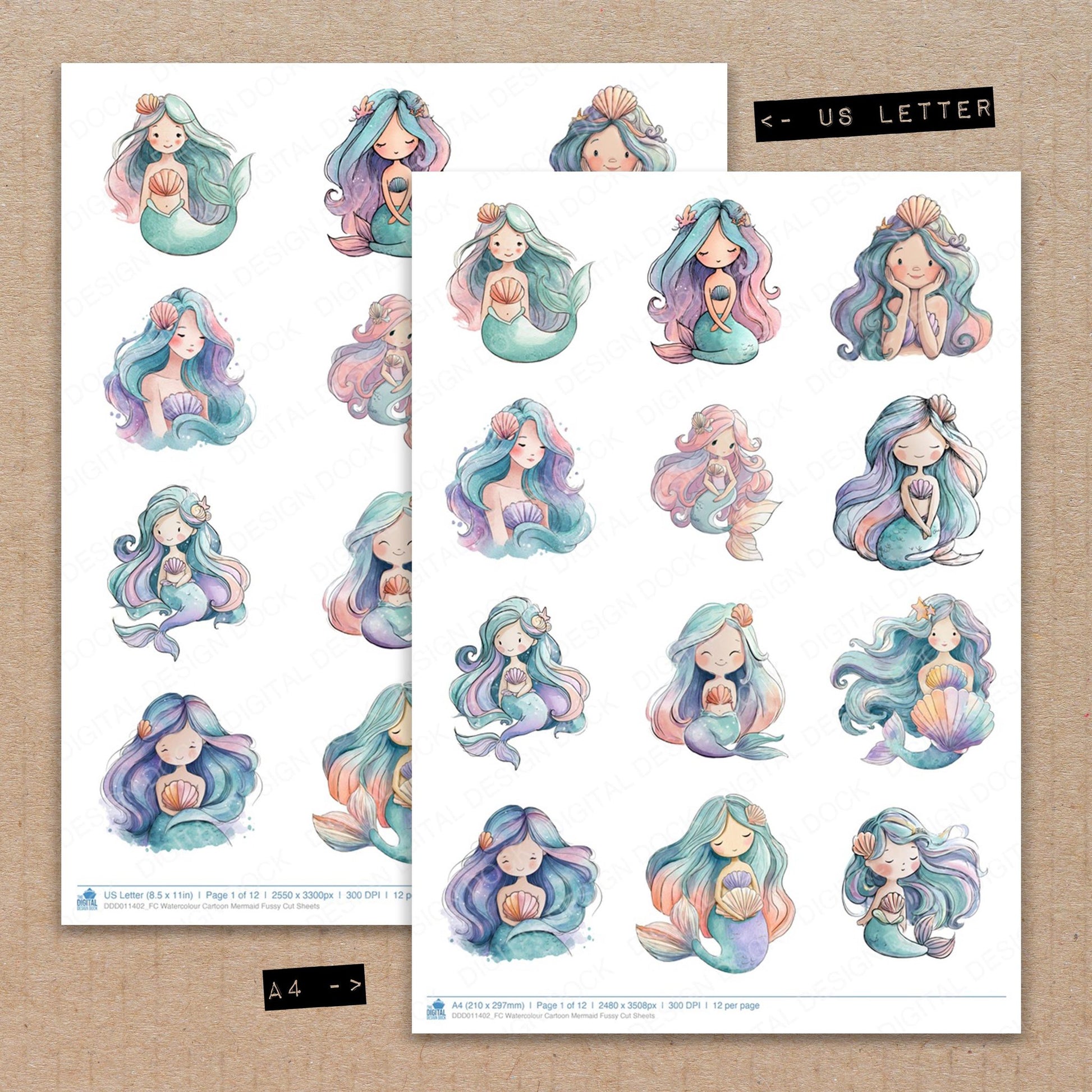 A4 and US Letter format comparison showing Watercolour Cartoon Mermaid fussy cut pages for print and cut crafting