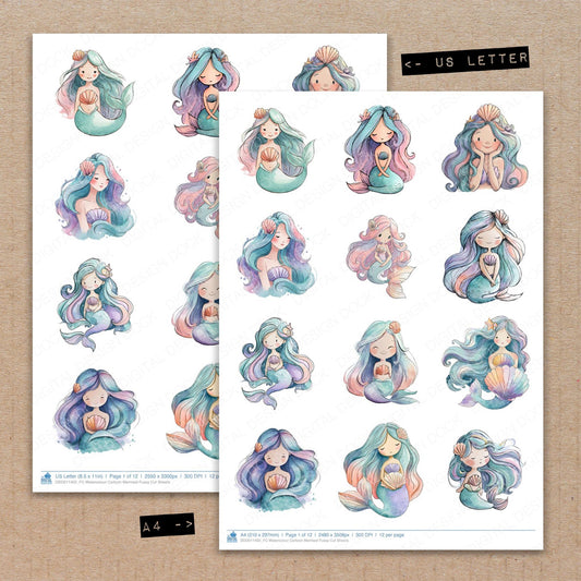 A4 and US Letter format comparison showing Watercolour Cartoon Mermaid fussy cut pages for print and cut crafting