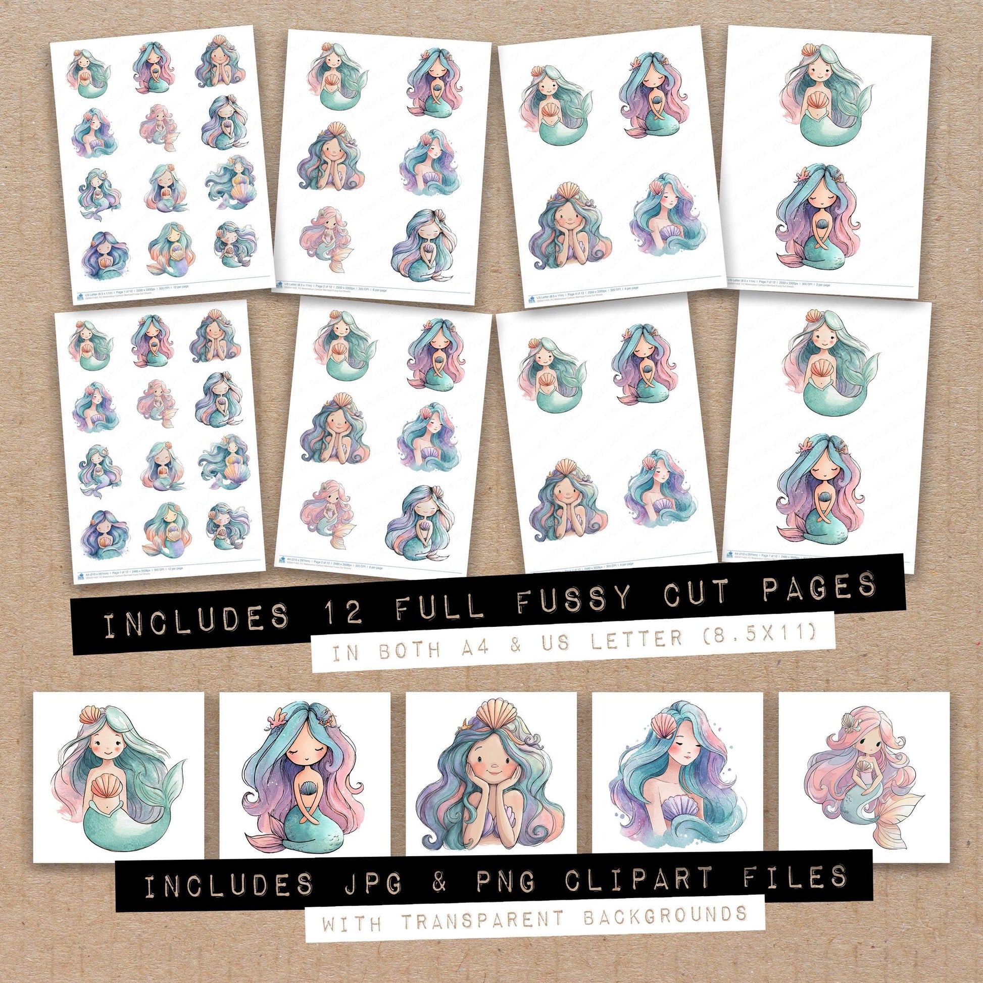 Full collection view of Watercolour Cartoon Mermaid fussy cut sheets with bonus clipart JPG and PNG files