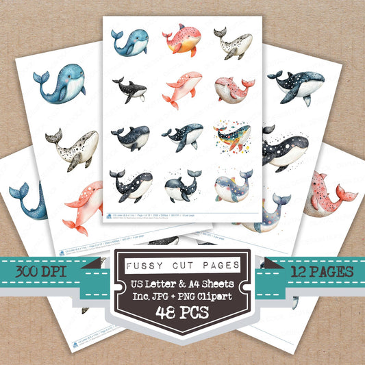 Watercolour Cartoon Whale Spots fussy cut printable sheets for junk journaling, scrapbooking, and paper craft projects