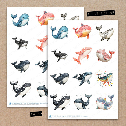 A4 and US Letter format comparison showing Watercolour Cartoon Whale Spots fussy cut pages for print and cut crafting