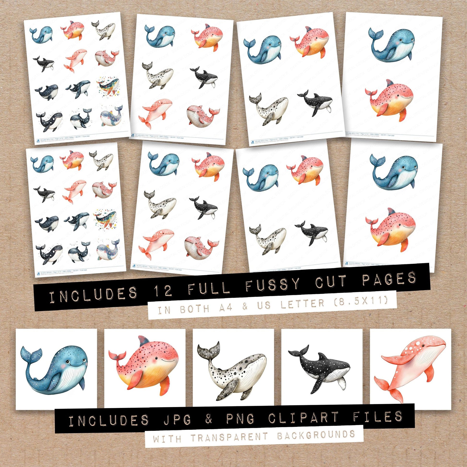 Full collection view of Watercolour Cartoon Whale Spots fussy cut sheets with bonus clipart JPG and PNG files