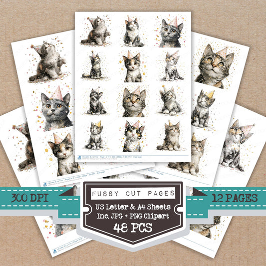Watercolour Cat Confetti fussy cut printable sheets for junk journaling, scrapbooking, and paper craft projects