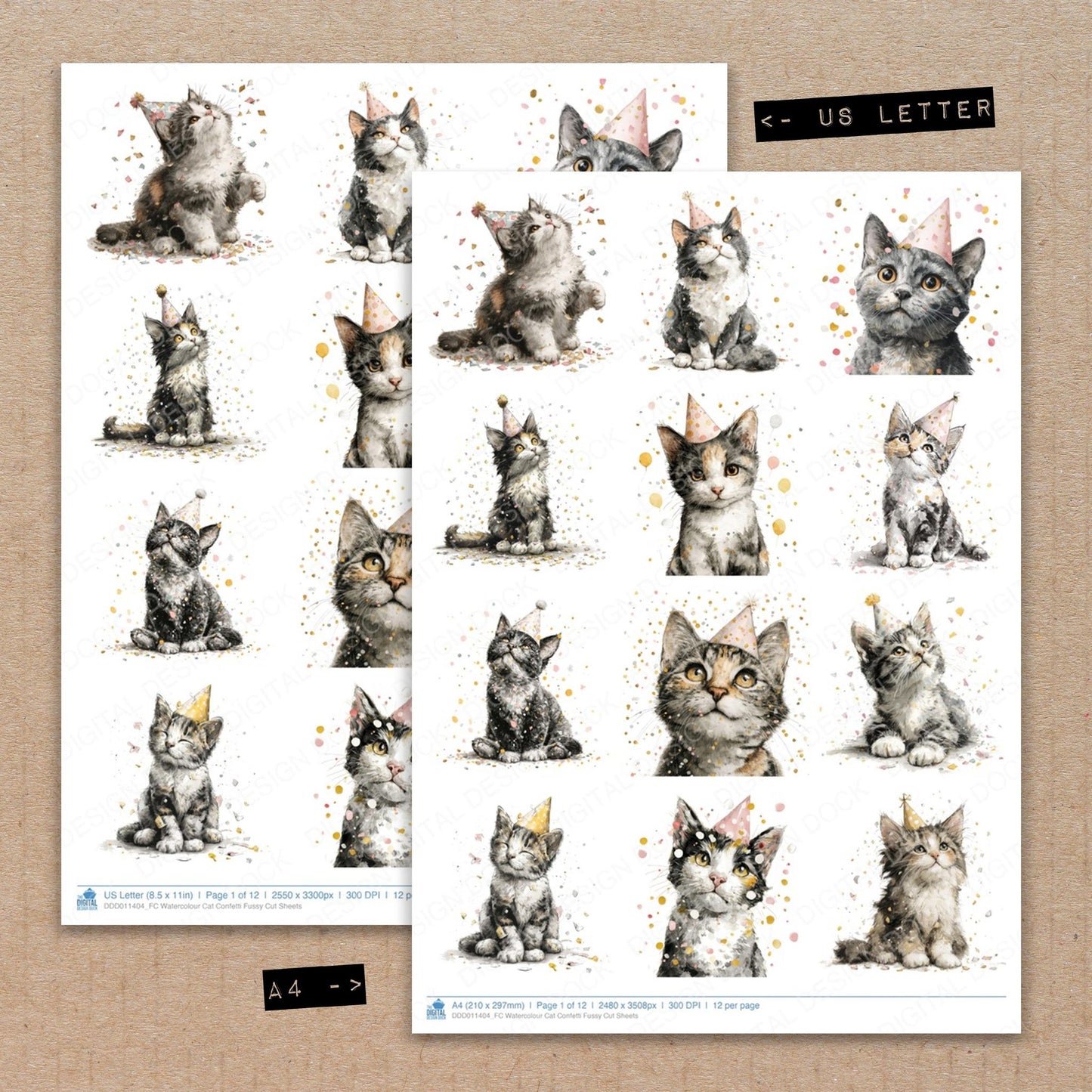 A4 and US Letter format comparison showing Watercolour Cat Confetti fussy cut pages for print and cut crafting