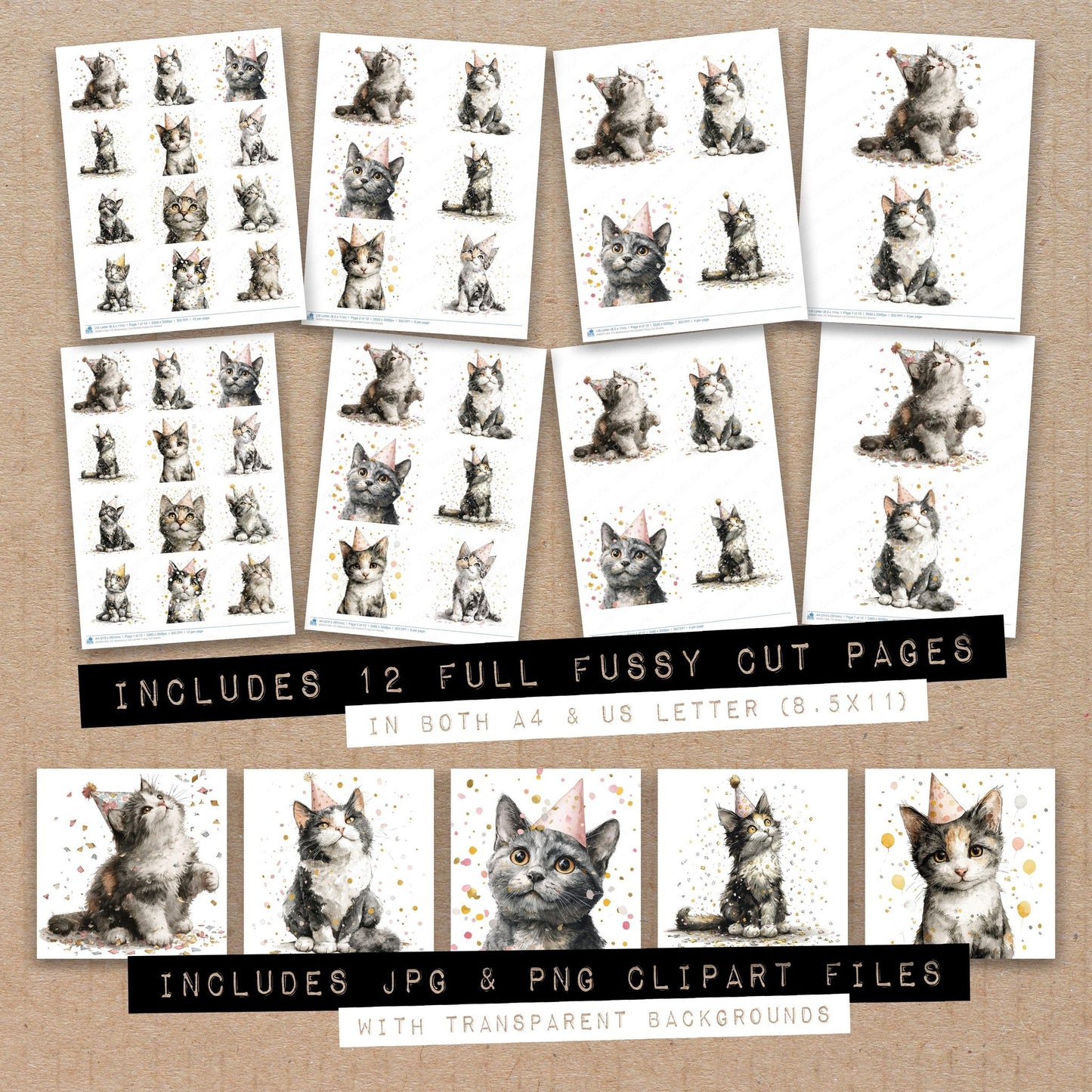 Full collection view of Watercolour Cat Confetti fussy cut sheets with bonus clipart JPG and PNG files