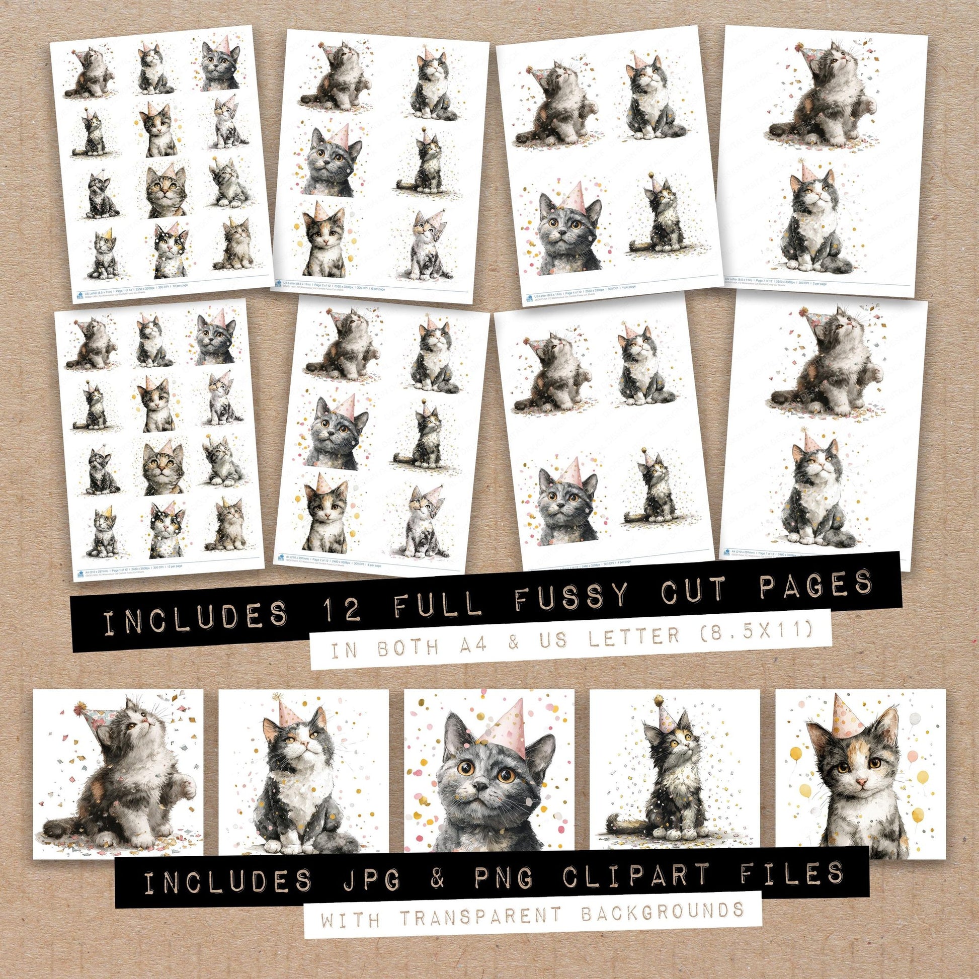 Full collection view of Watercolour Cat Confetti fussy cut sheets with bonus clipart JPG and PNG files