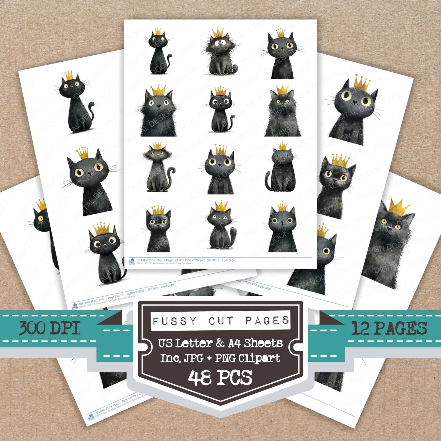 Watercolour Cat Crown fussy cut printable sheets for junk journaling, scrapbooking, and paper craft projects