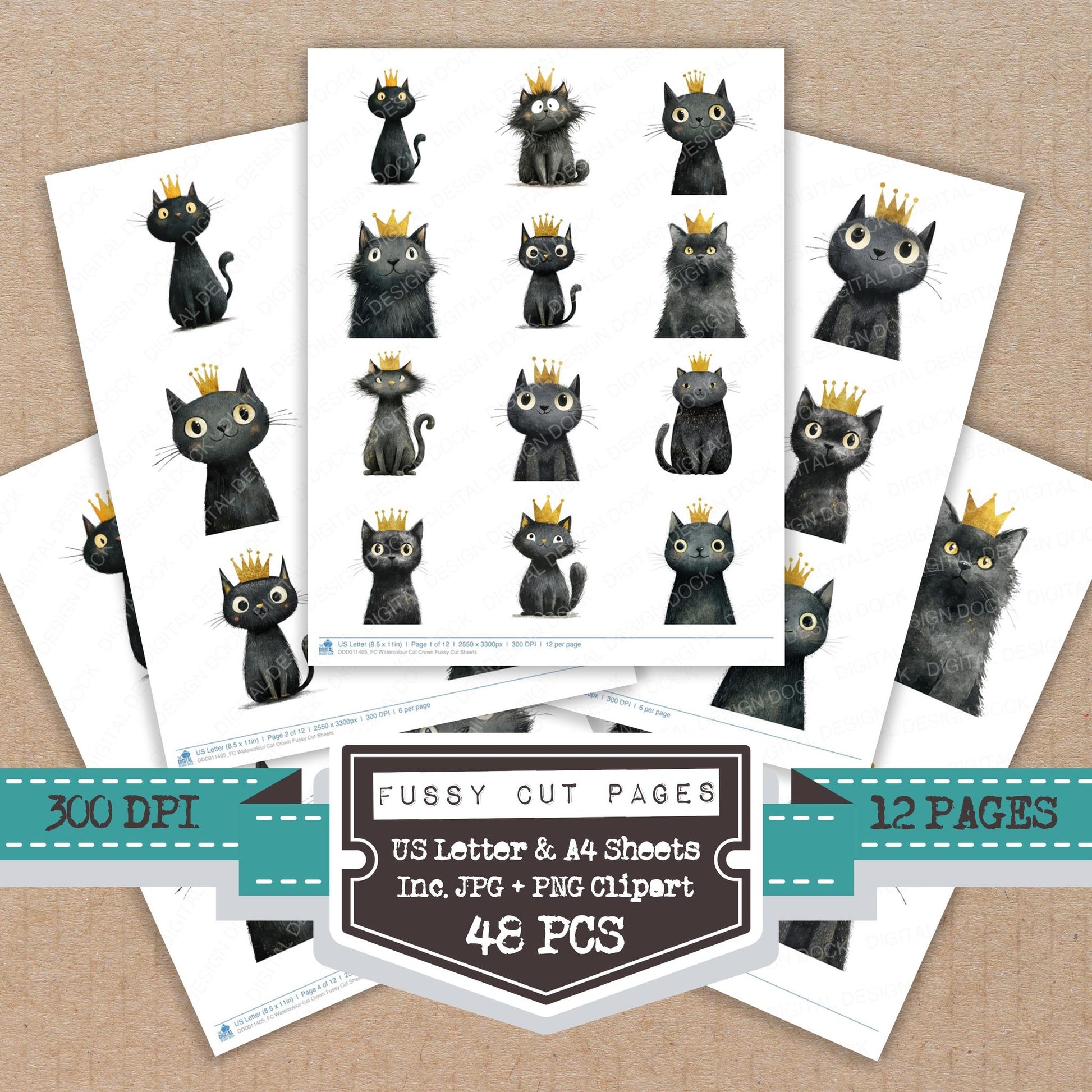 Watercolour Cat Crown fussy cut printable sheets for junk journaling, scrapbooking, and paper craft projects