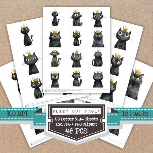 Watercolour Cat Crown fussy cut printable sheets for junk journaling, scrapbooking, and paper craft projects