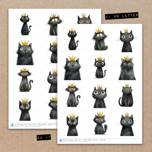 A4 and US Letter format comparison showing Watercolour Cat Crown fussy cut pages for print and cut crafting