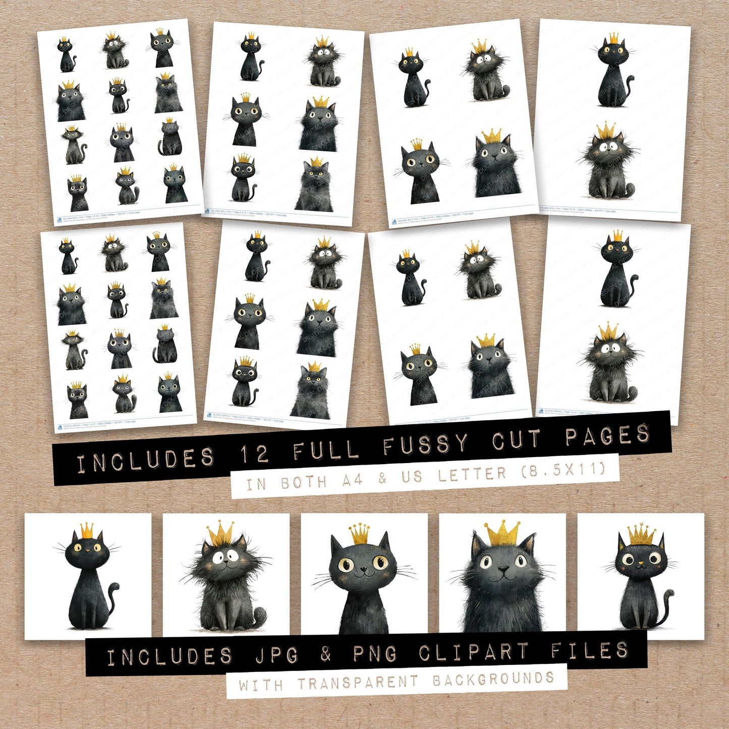 Full collection view of Watercolour Cat Crown fussy cut sheets with bonus clipart JPG and PNG files