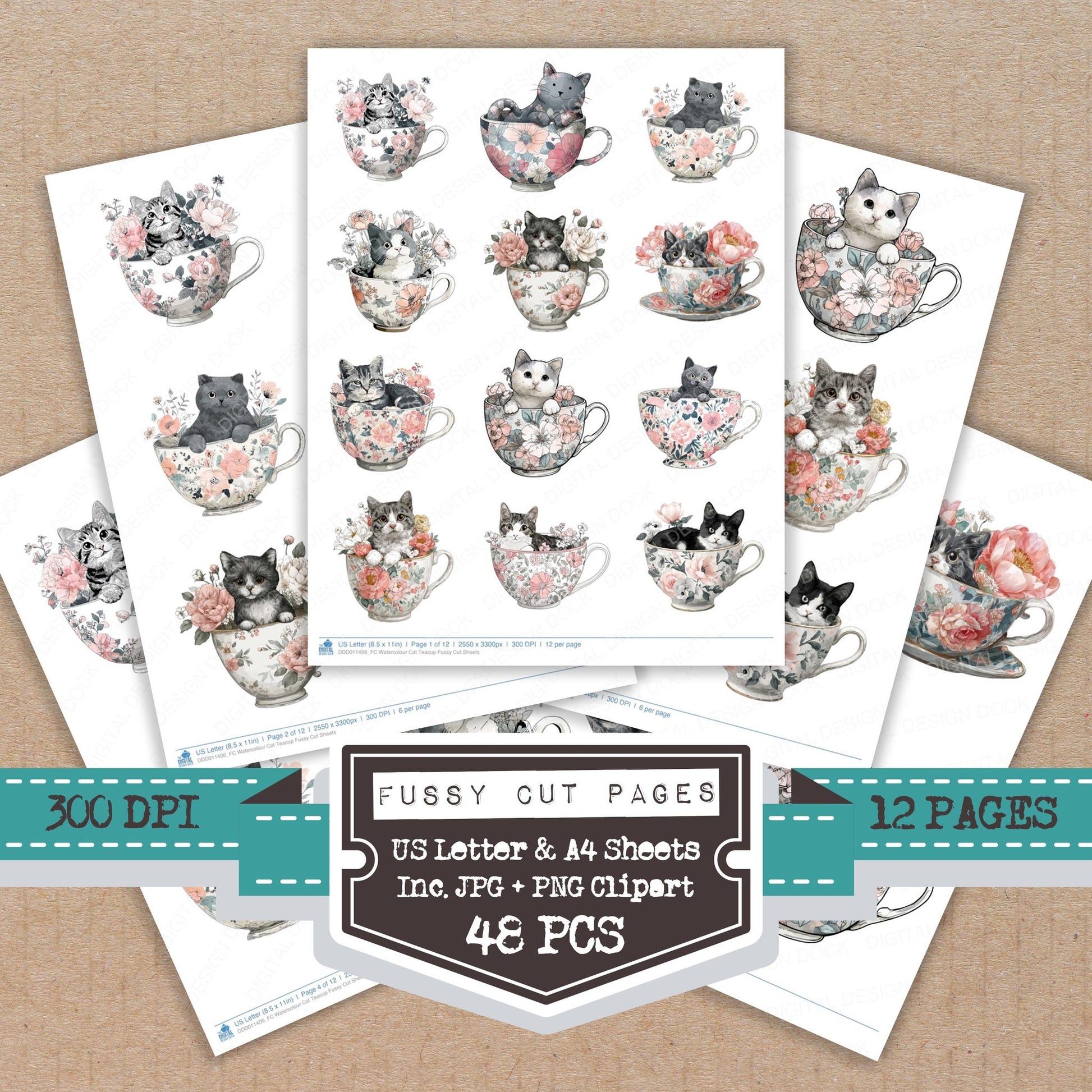 Watercolour Cat Teacup fussy cut printable sheets for junk journaling, scrapbooking, and paper craft projects