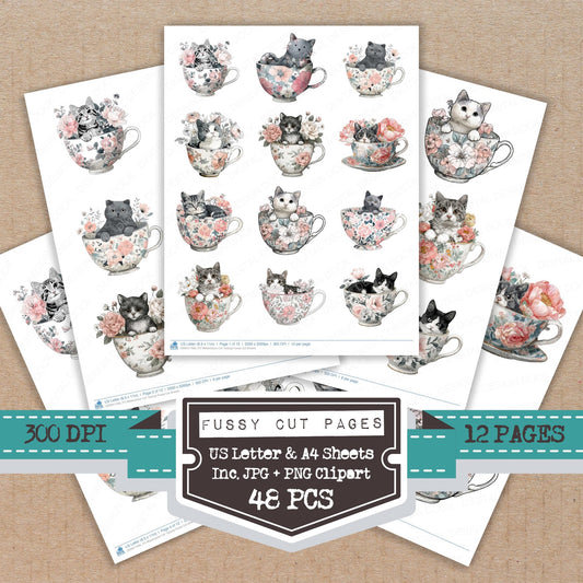 Watercolour Cat Teacup fussy cut printable sheets for junk journaling, scrapbooking, and paper craft projects
