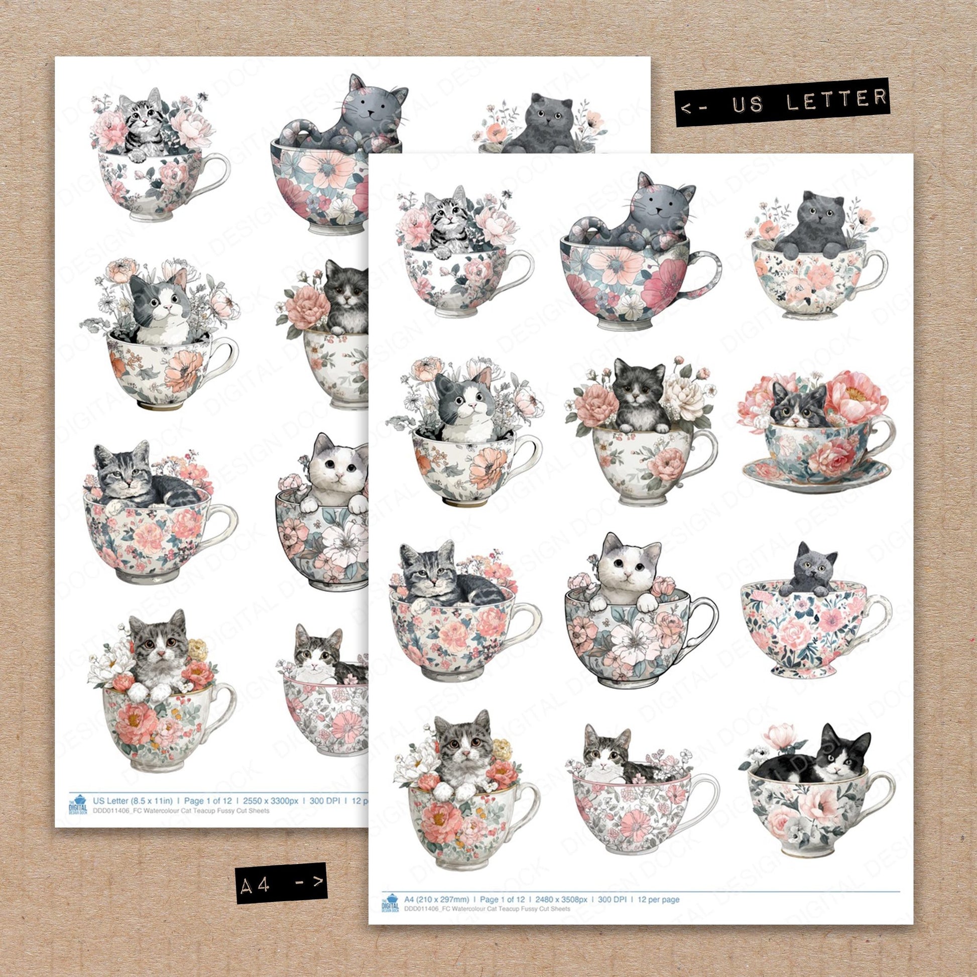 A4 and US Letter format comparison showing Watercolour Cat Teacup fussy cut pages for print and cut crafting