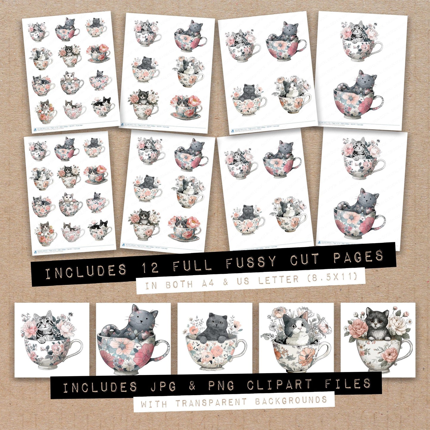 Full collection view of Watercolour Cat Teacup fussy cut sheets with bonus clipart JPG and PNG files