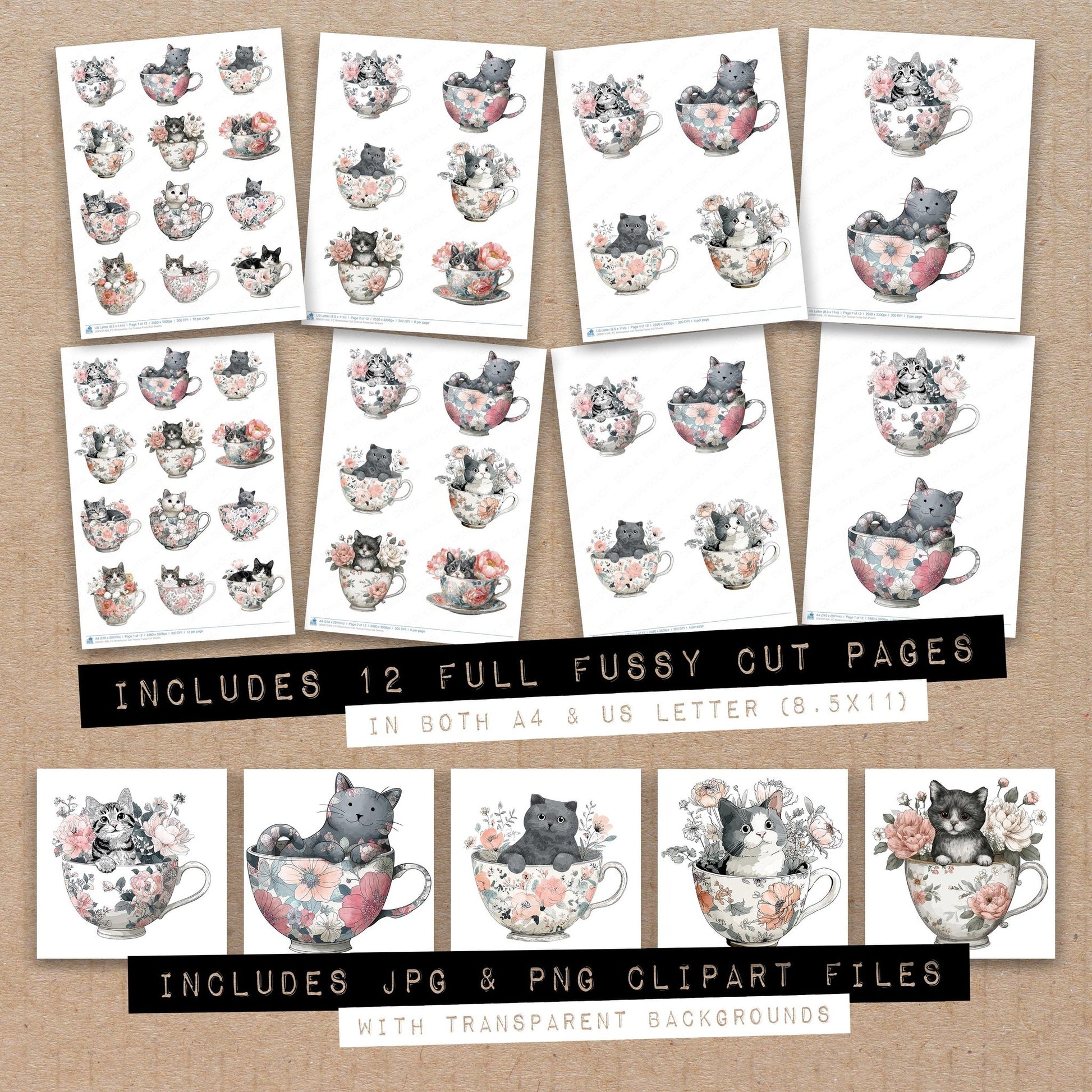 Full collection view of Watercolour Cat Teacup fussy cut sheets with bonus clipart JPG and PNG files